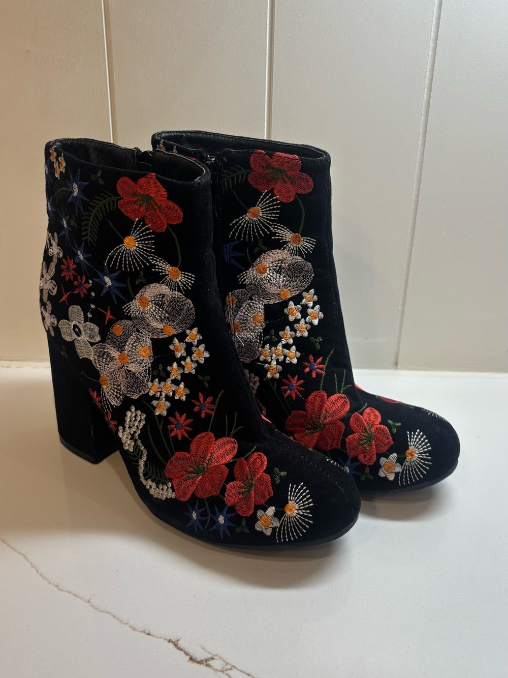 Qupid Black Ankle Boots with Red Floral Embroidery